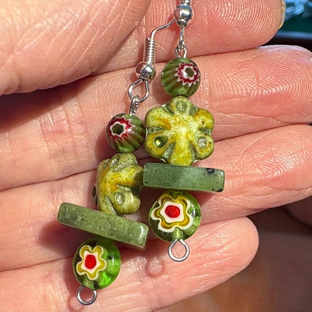 Hand Crafted Murano Glass, Stone, and Carved Lucite Floral Earrings - Picture 2 of 2